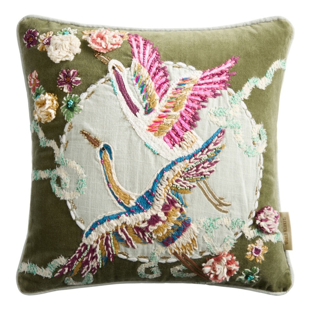 World Market Olive Green Embroidered Cranes Throw Pillow